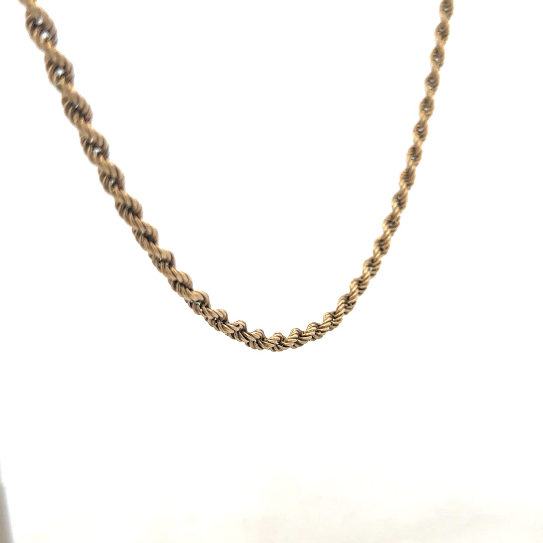 9ct yellow gold rope chain weighing 7g, showcasing a detailed twisted design and secure clasp.