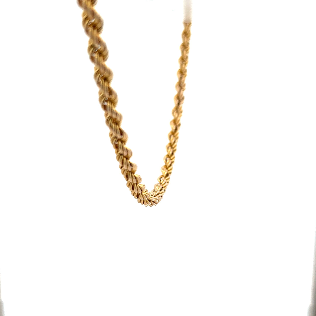 9ct yellow gold rope chain weighing 9.4g, featuring a detailed twisted design and secure clasp, unbranded jewelry accessory.