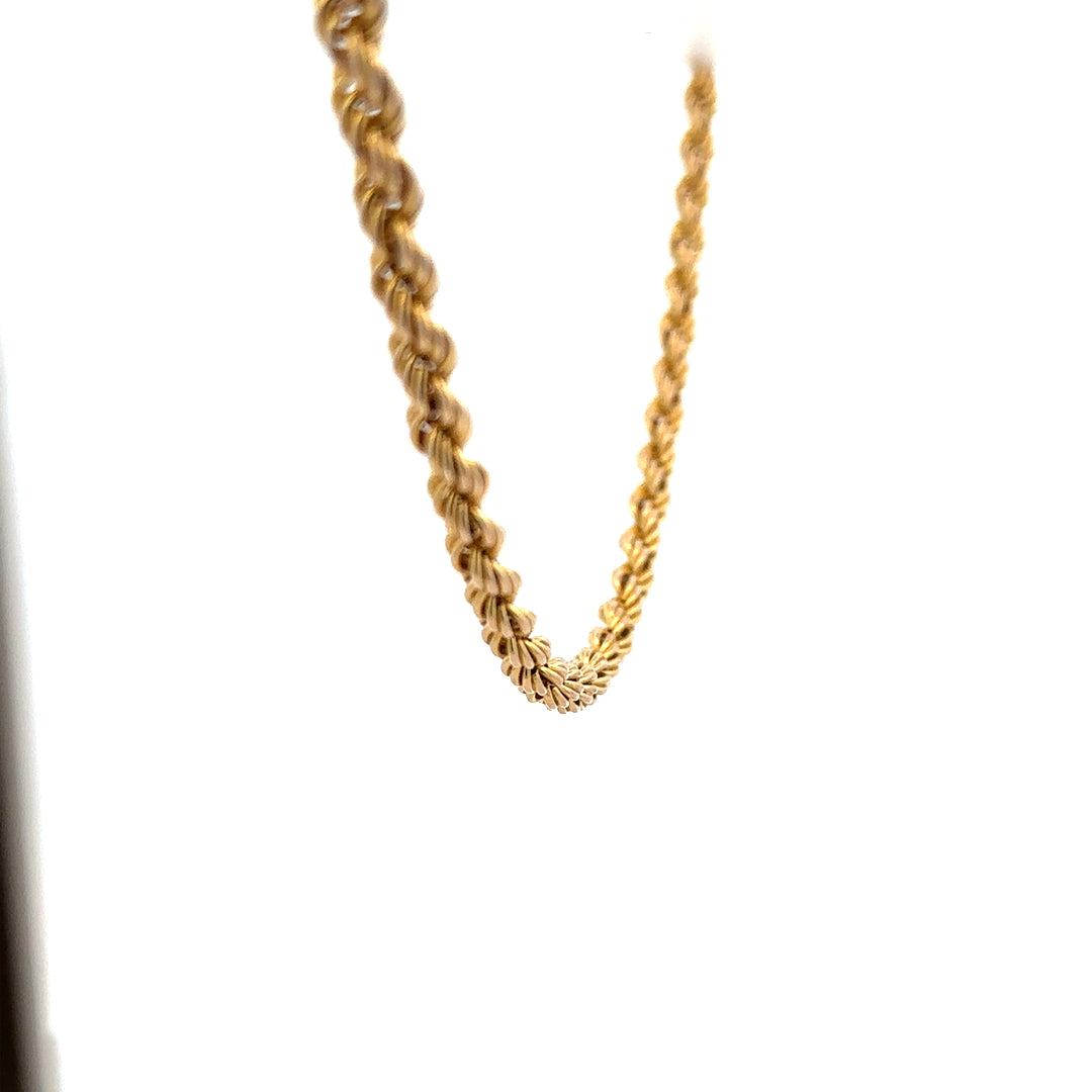 9ct yellow gold rope chain weighing 9.4g, unbranded, with intricate twisted design visible in the image.