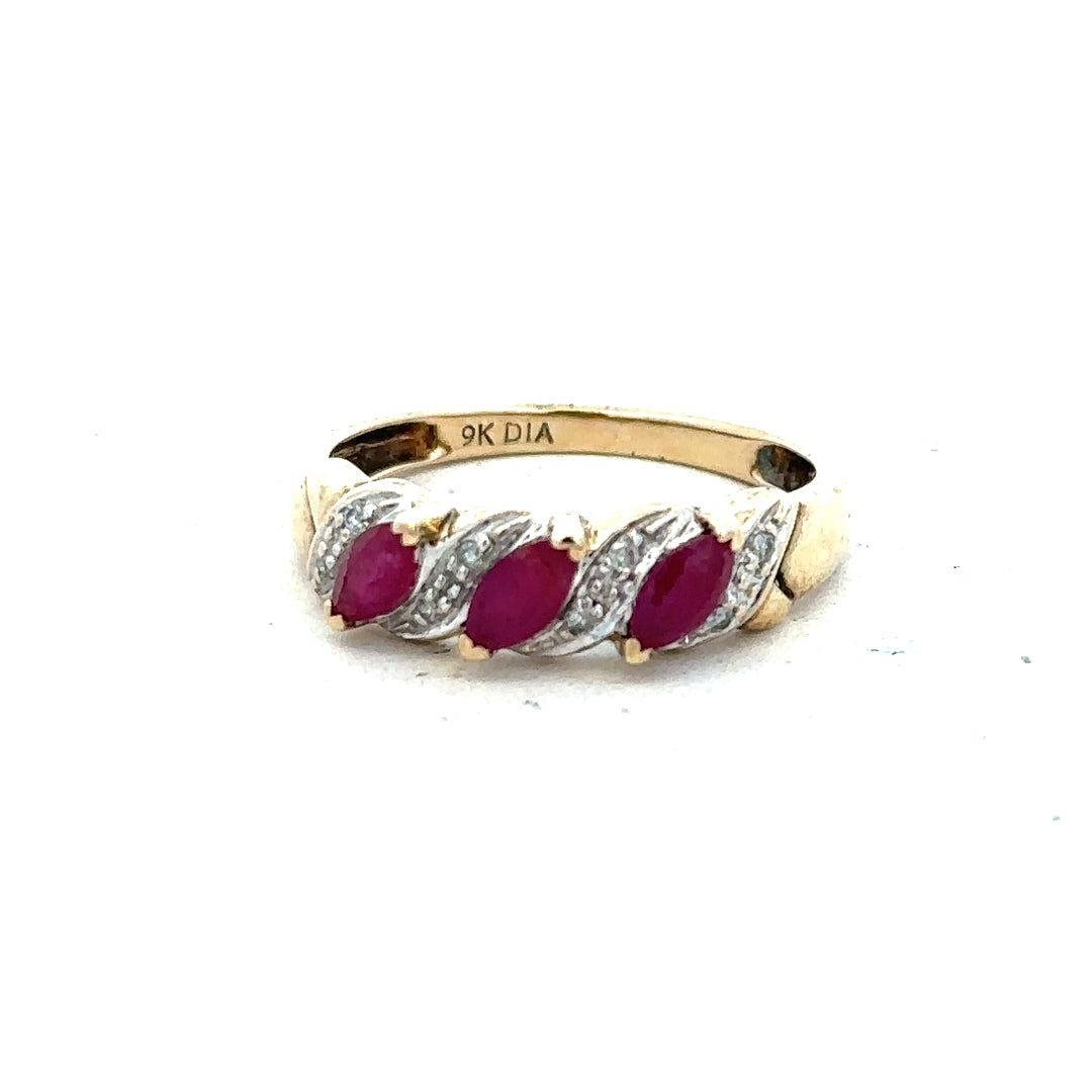9ct yellow gold ruby and diamond ring in size L, featuring a vibrant ruby and sparkling diamonds set in a classic design.