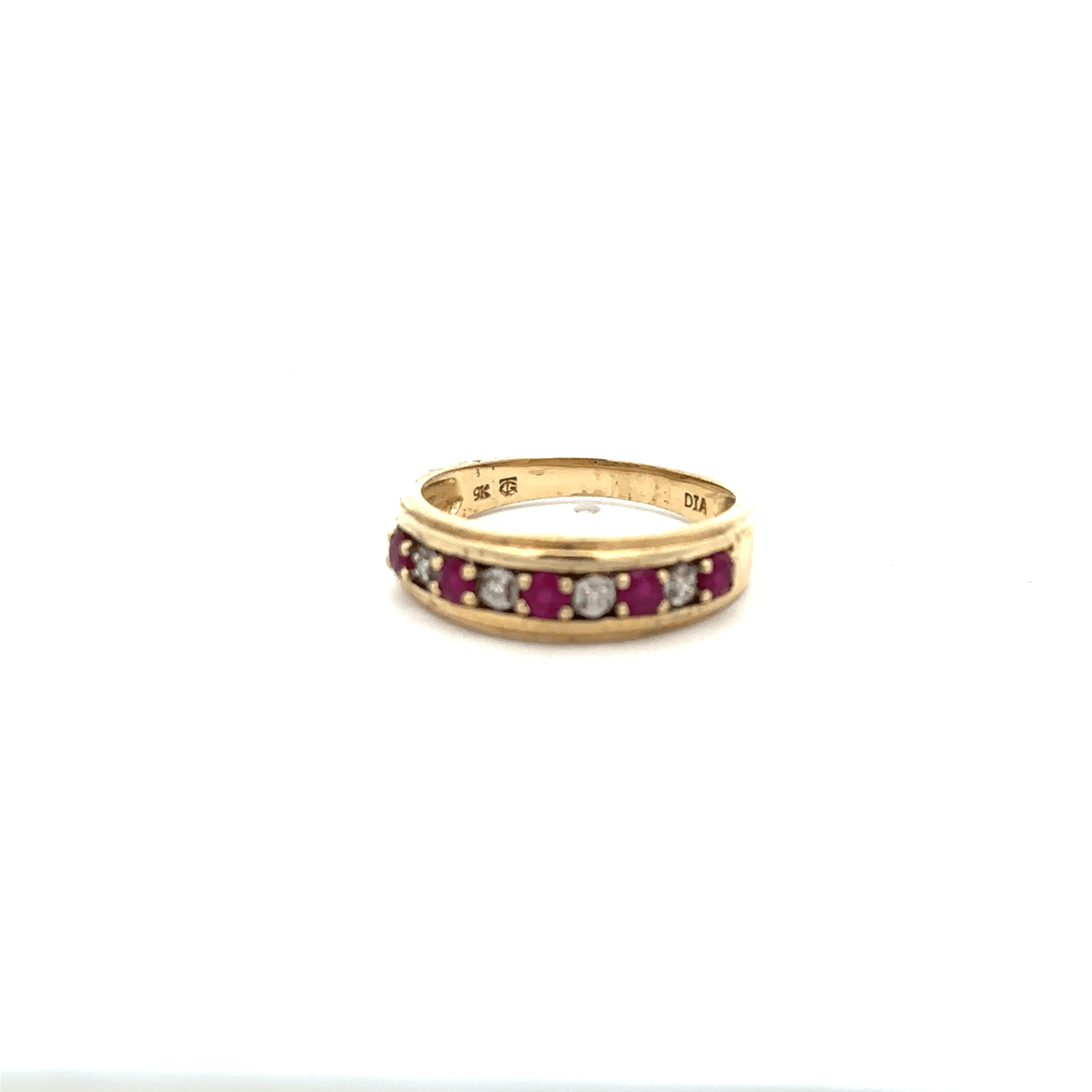 9ct yellow gold ruby and diamond ring in size M1/2, featuring a central ruby with diamond accents on a polished band