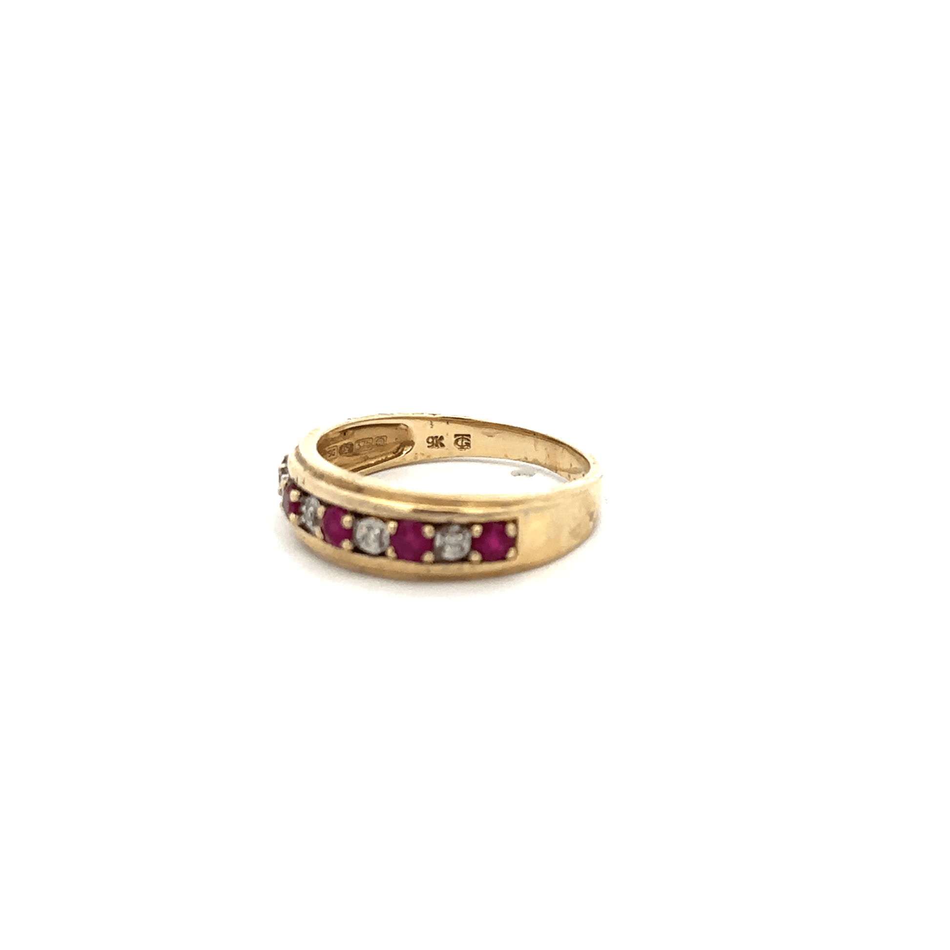 9ct yellow gold ruby and diamond ring in size M1/2, featuring sparkling gemstones and a classic design.