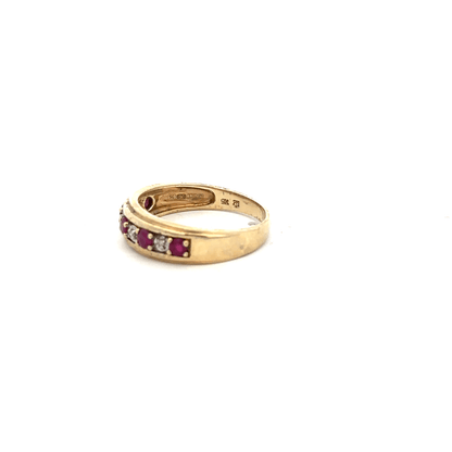 9ct yellow gold ruby and diamond ring, size M1/2, featuring a central ruby and sparkling diamonds on an unbranded ring.