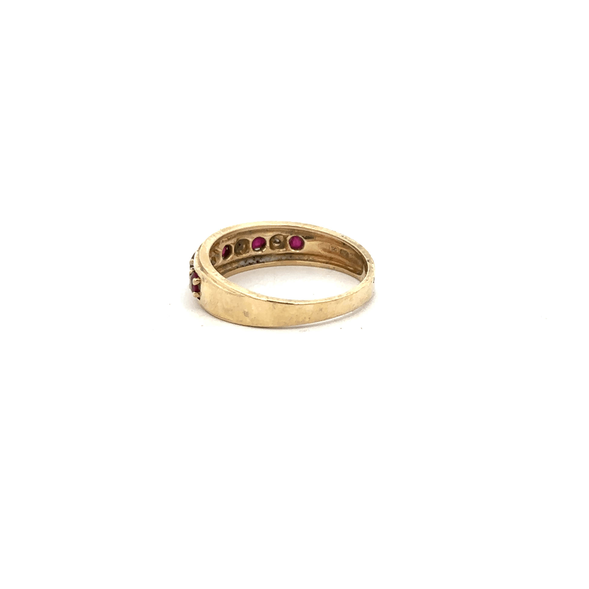9ct yellow gold ruby and diamond ring in size M1/2, featuring a central ruby with diamond accents.