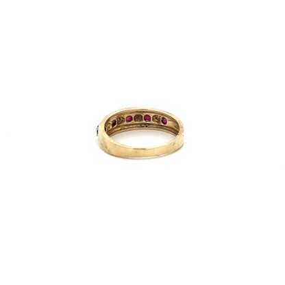 9ct yellow gold ruby and diamond ring in size M1/2, featuring a vibrant ruby centerpiece and sparkling diamonds.