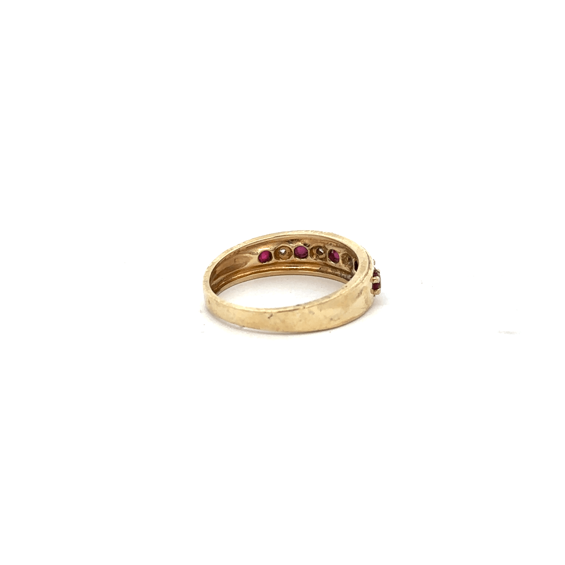 9ct yellow gold ruby and diamond ring in size M1/2, featuring a gold band with central ruby and diamond accents.