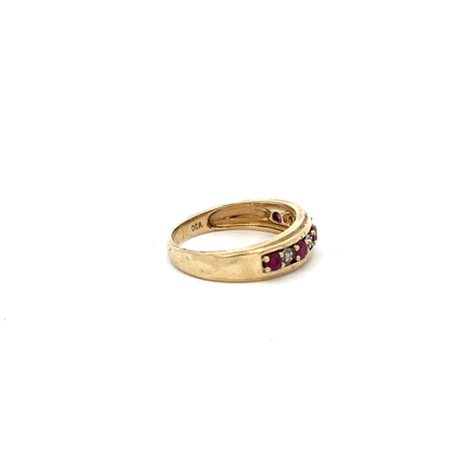 9ct yellow gold ruby and diamond ring, size M1/2, featuring a polished band with central ruby and sparkling diamonds.