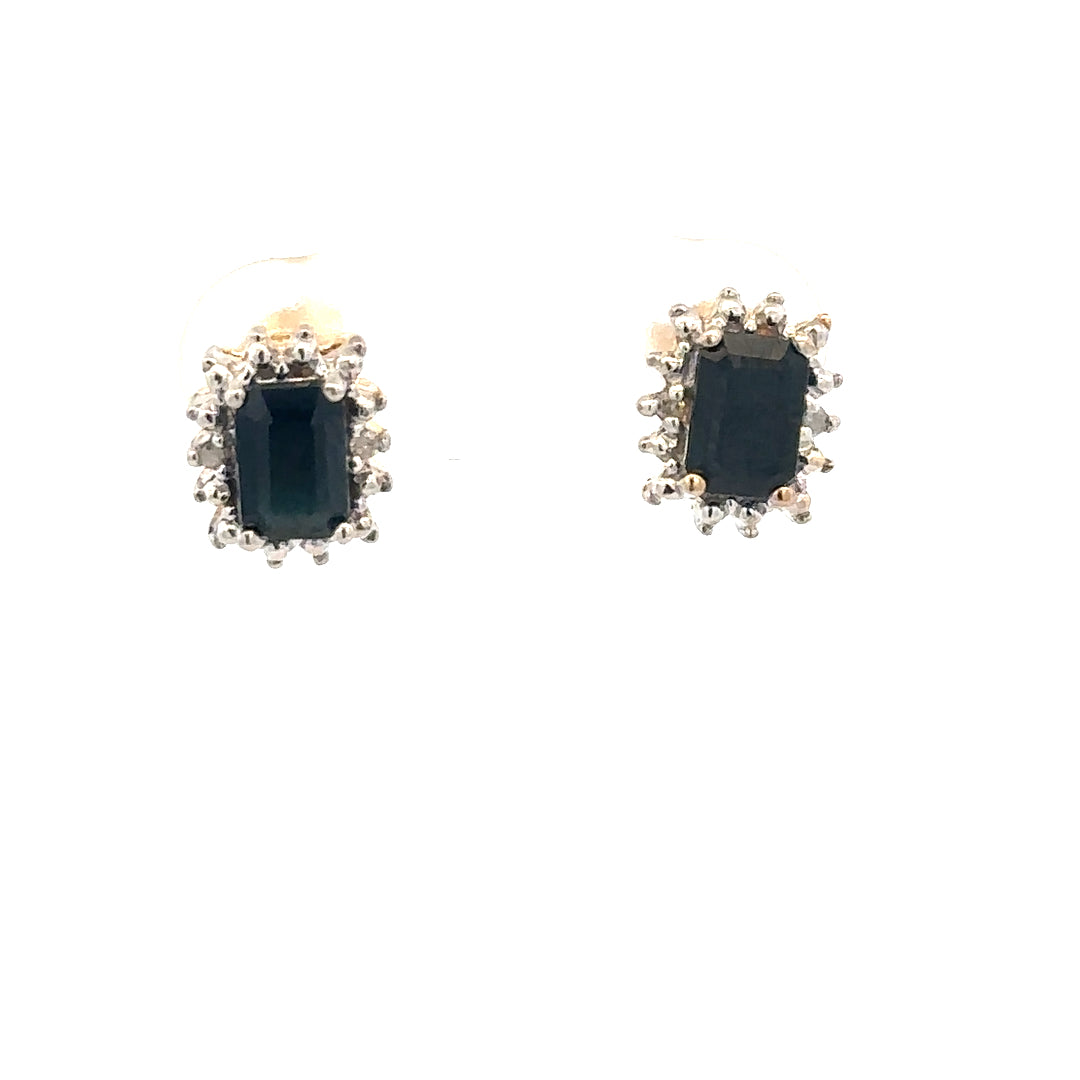 9ct yellow gold sapphire and diamond earrings with intricate detailing, weighing 1.9g, featuring vibrant sapphires and sparkling diamonds.
