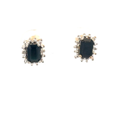 9ct yellow gold sapphire and diamond earrings with intricate detailing, weighing 1.9g, featuring vibrant sapphires and sparkling diamonds.
