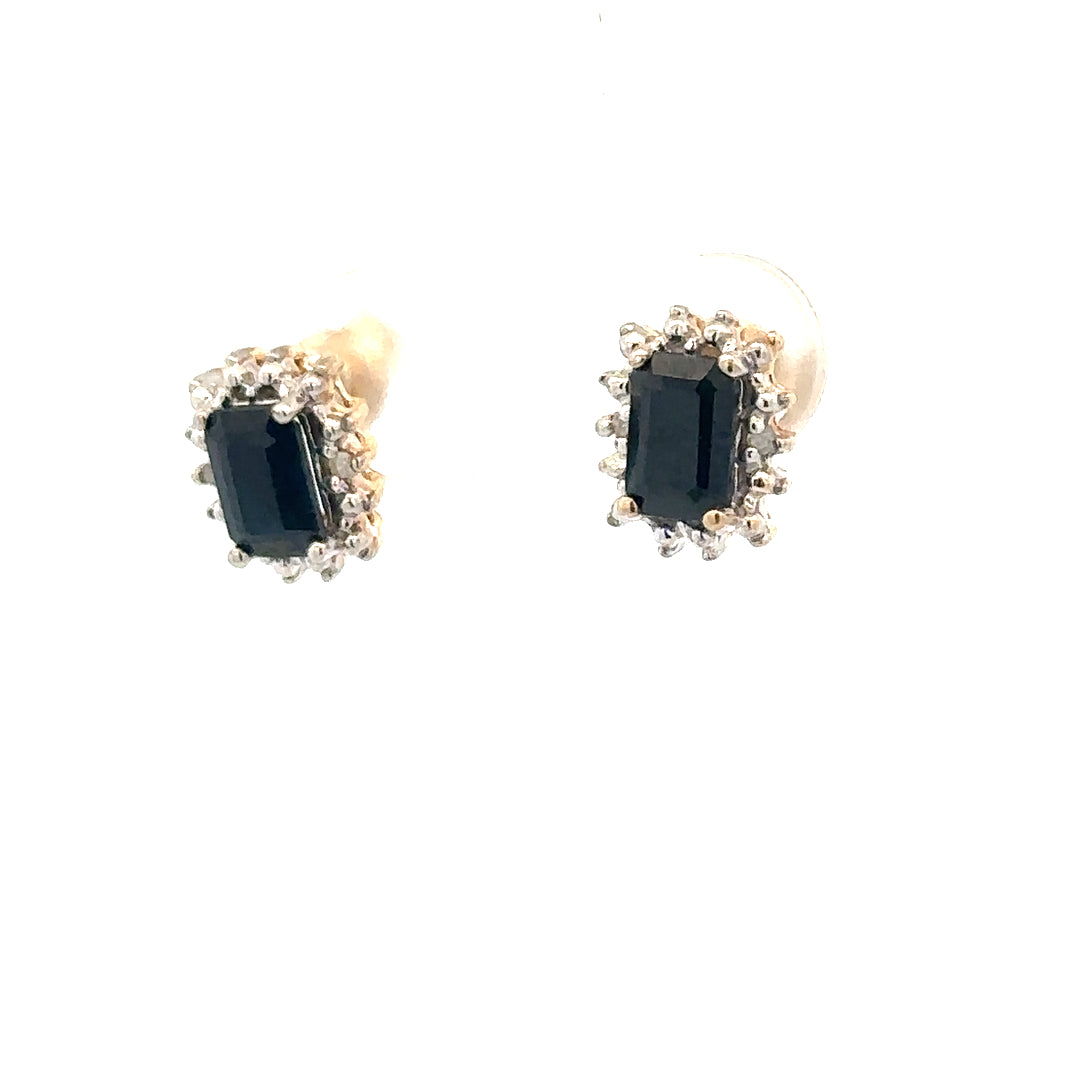 9ct yellow gold sapphire and diamond earrings, showcasing elegant gemstones and delicate craftsmanship in a lightweight design.
