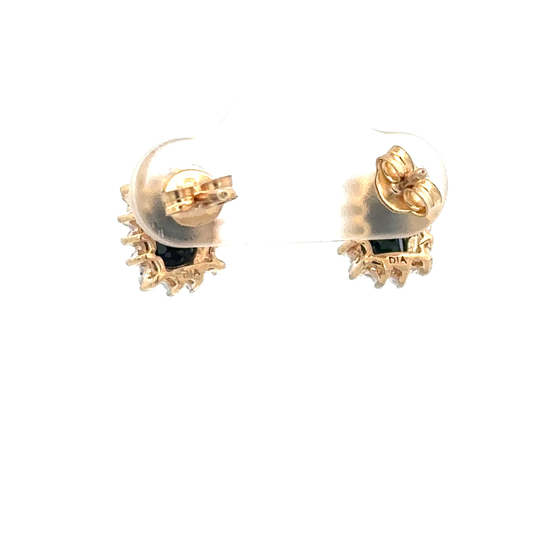 9ct yellow gold sapphire and diamond earrings with a delicate design, weighing 1.9g, showcasing sparkling gemstones and gold setting.