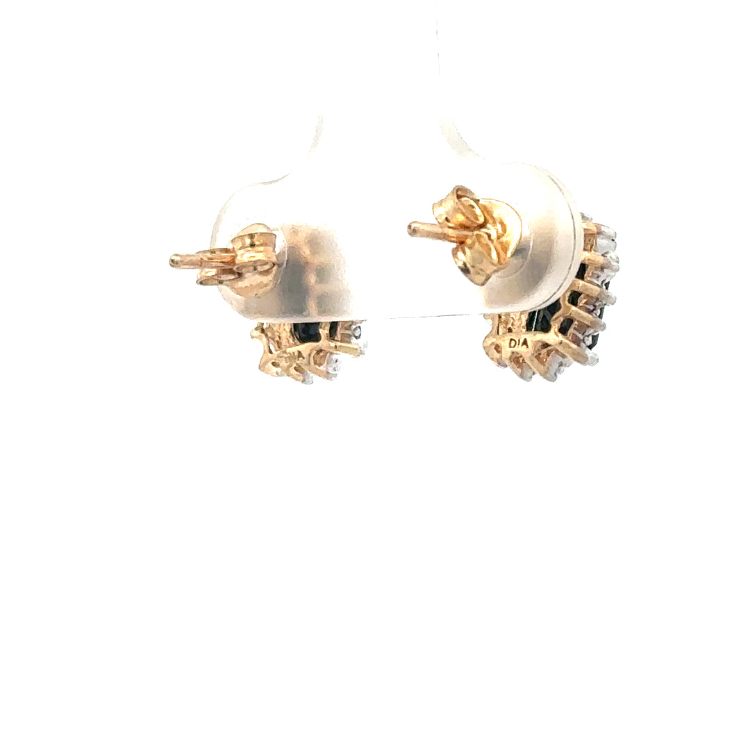 9ct yellow gold sapphire and diamond earrings with intricate design, weighing 1.9g, displayed against a neutral background.