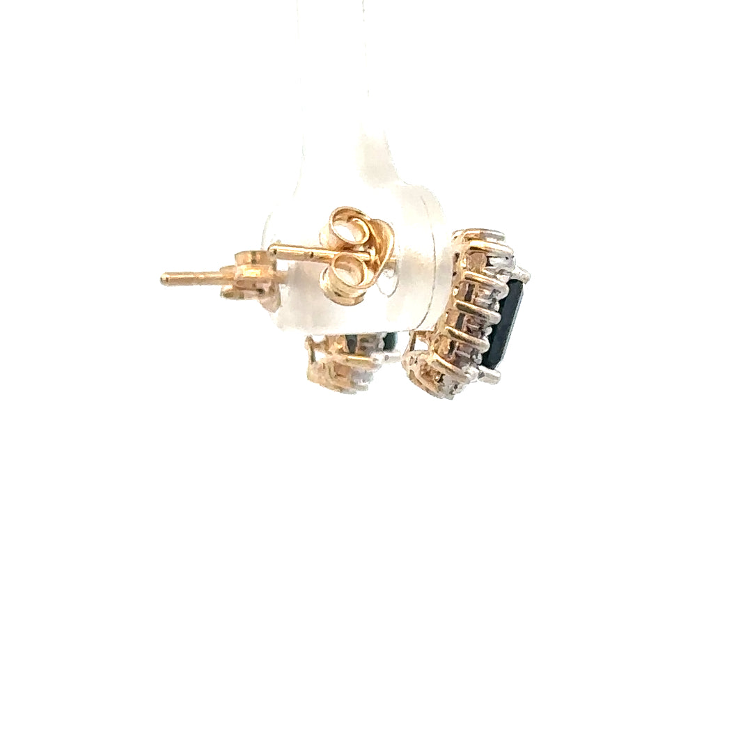 9ct yellow gold sapphire and diamond earrings with a delicate design, showcasing sparkling gemstones and gold setting.