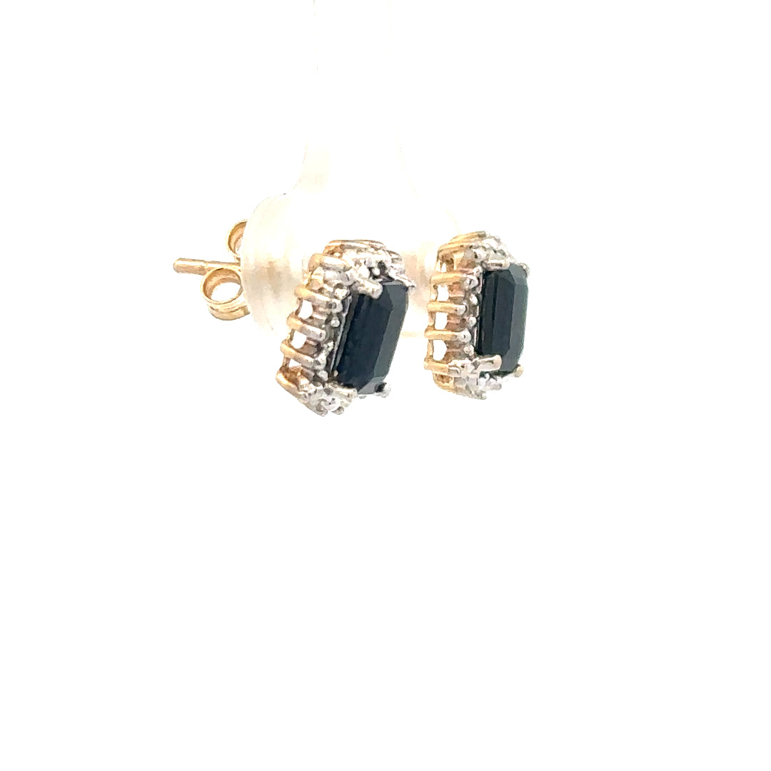 9ct yellow gold sapphire and diamond earrings, lightweight 1.9g, featuring sparkling gemstones and elegant design.