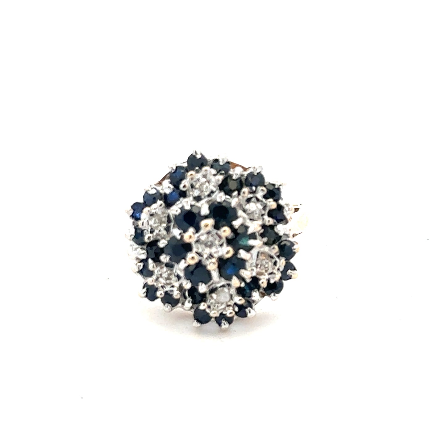 9ct yellow gold sapphire and diamond ring in size K, featuring a detailed design with sparkling gemstones.