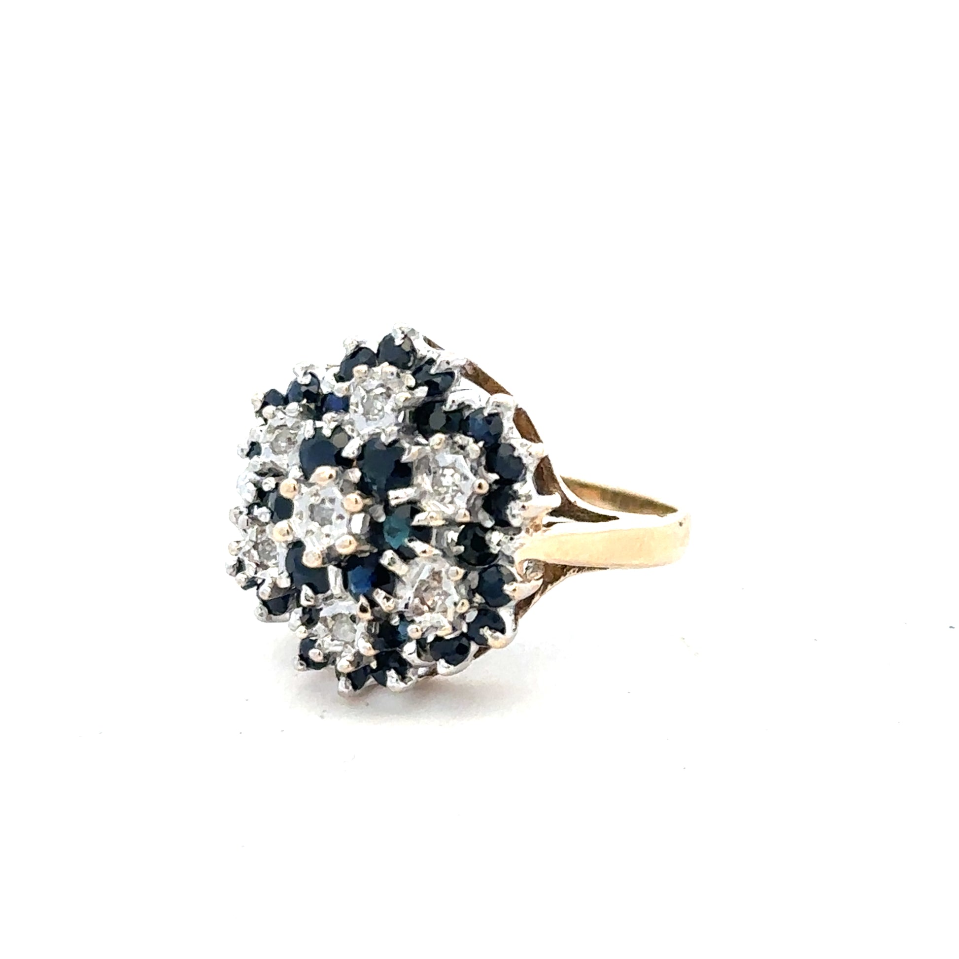9ct yellow gold sapphire and diamond ring in size K, featuring a central sapphire surrounded by diamonds.