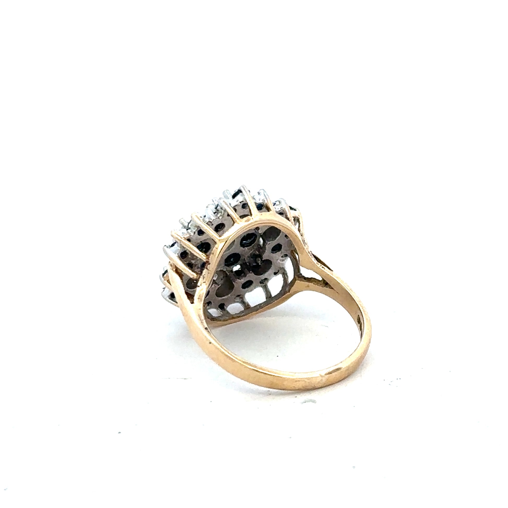 9ct yellow gold sapphire and diamond ring, size K, featuring a central sapphire gemstone surrounded by diamonds.