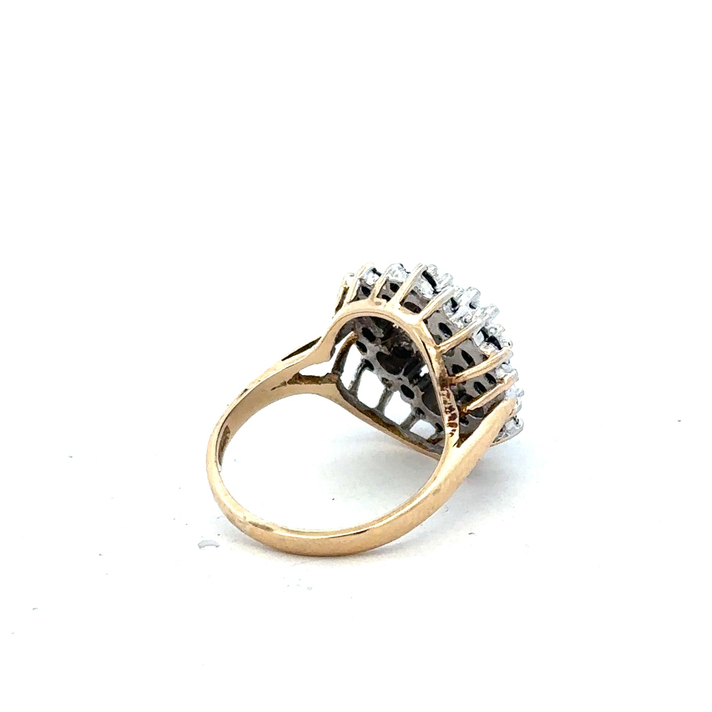 9ct yellow gold sapphire and diamond ring in size K, featuring a detailed design with sparkling gemstones.