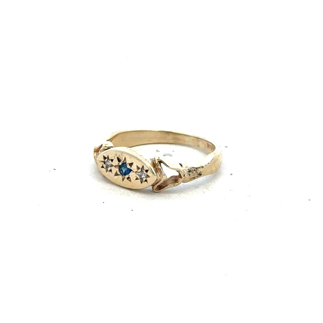 9ct yellow gold sapphire and diamond ring in size K, featuring a vibrant blue sapphire and sparkling diamonds.