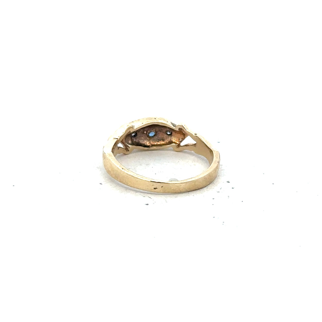 9ct yellow gold sapphire and diamond ring, size K, featuring a central blue sapphire and sparkling diamonds.
