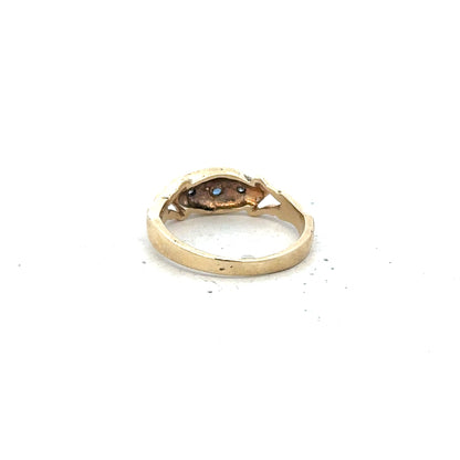 9ct yellow gold sapphire and diamond ring, size K, featuring a central blue sapphire and sparkling diamonds.