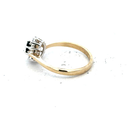 9ct yellow gold sapphire and diamond ring in size L, featuring a central sapphire gemstone and sparkling diamonds.
