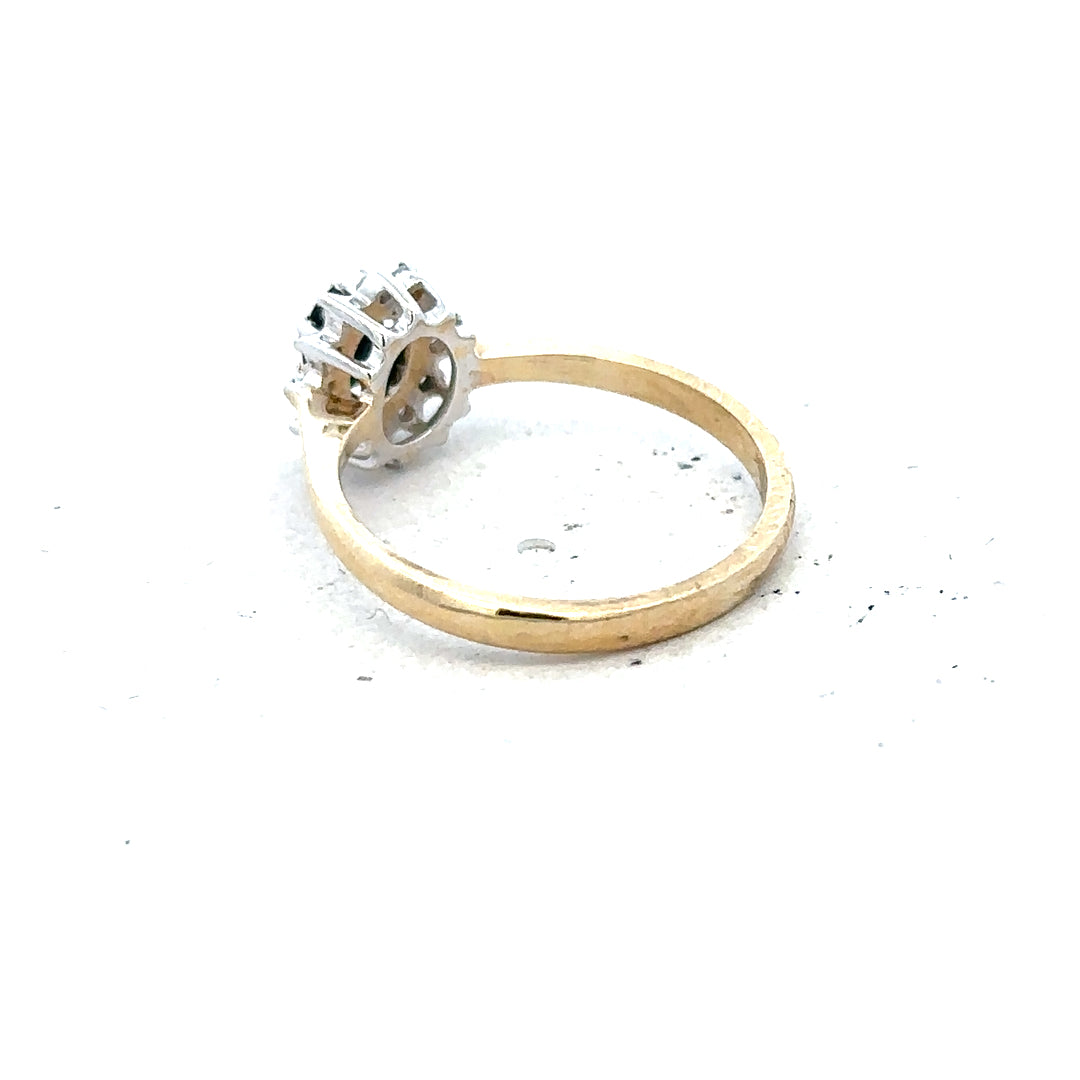 9ct yellow gold sapphire and diamond ring in size L, featuring a central sapphire with sparkling diamonds, unbranded jewelry.
