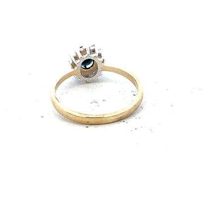 9ct yellow gold sapphire and diamond ring in size L, featuring a gold band with sparkling sapphires and diamonds.