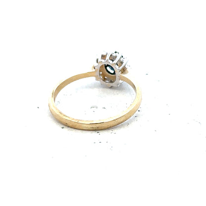 9ct yellow gold sapphire and diamond ring in size L, featuring a polished band with a central sapphire and diamond accents.