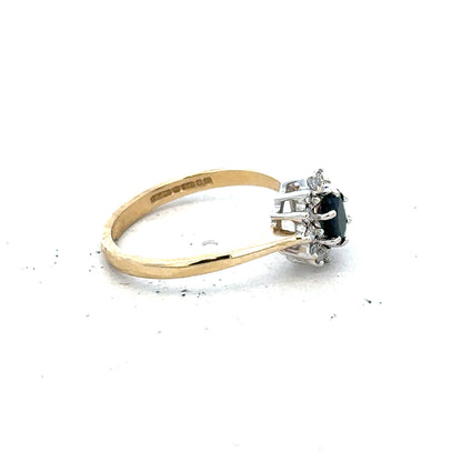 9ct yellow gold sapphire and diamond ring in size L, featuring a elegant gemstone design and sparkling accents.