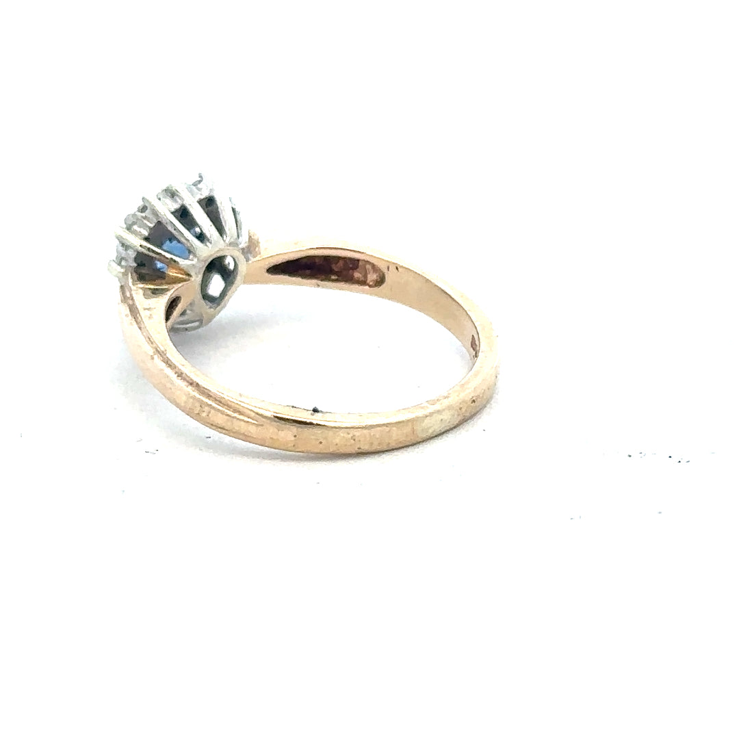 9ct yellow gold sapphire and diamond ring in size L1/2, featuring intricate gemstone detailing and elegant craftsmanship.