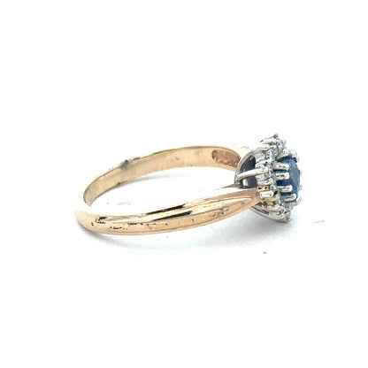 9ct yellow gold sapphire and diamond ring in size L 1/2, featuring a stunning central sapphire with diamond accents.