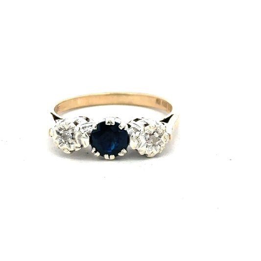 9ct yellow gold sapphire and diamond ring in size L1/2, featuring a detailed design with sparkling gemstones.