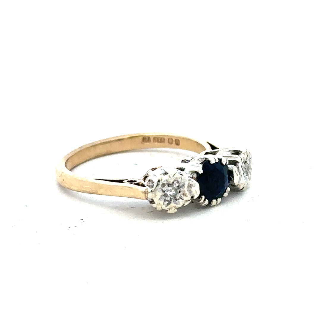 9ct yellow gold sapphire and diamond ring in size L1/2, featuring a detailed design with sparkling gemstones.