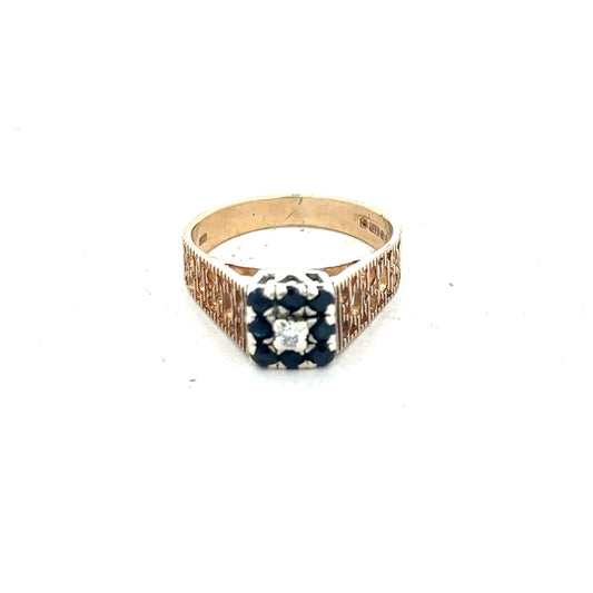 9ct yellow gold sapphire and diamond ring in size N1/2, featuring a elegant design with sparkling gemstones.