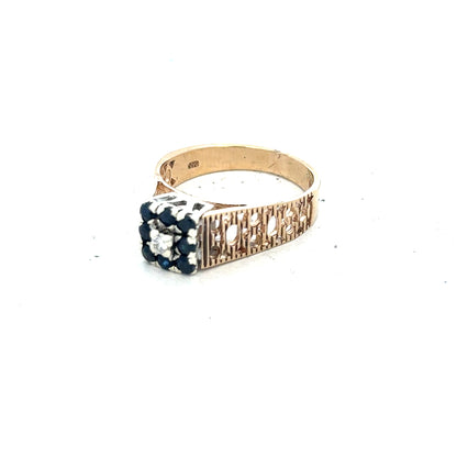 9ct yellow gold sapphire and diamond ring in size N1/2, featuring a vibrant sapphire center with sparkling diamonds.