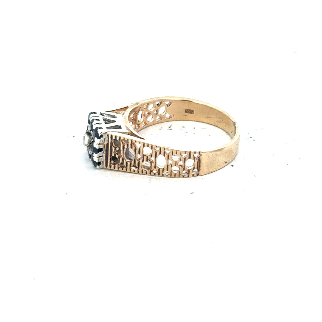 9ct yellow gold sapphire and diamond ring, size N1/2, featuring a detailed design with sparkling gemstones.