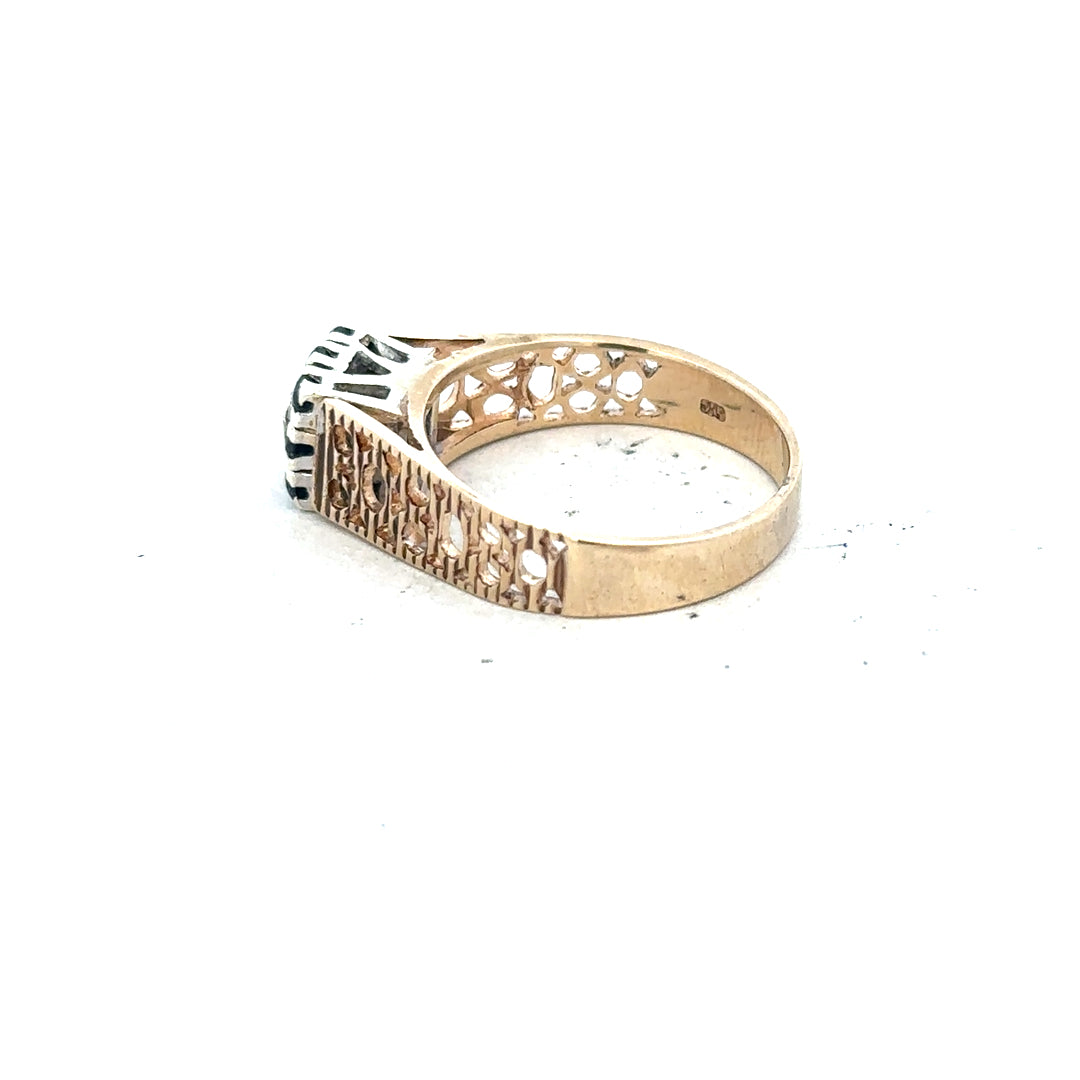 9ct yellow gold sapphire and diamond ring, size N1/2, featuring a vibrant sapphire and sparkling diamonds.
