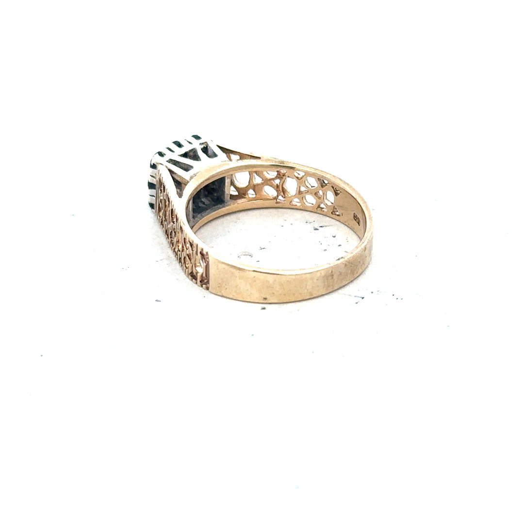 9ct yellow gold sapphire and diamond ring in size N1/2, featuring a vibrant sapphire and sparkling diamonds.