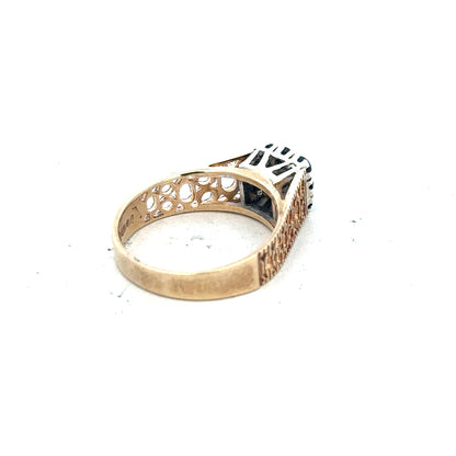 9ct yellow gold sapphire and diamond ring, size N1/2, featuring a vibrant sapphire and sparkling diamonds on a sleek band.
