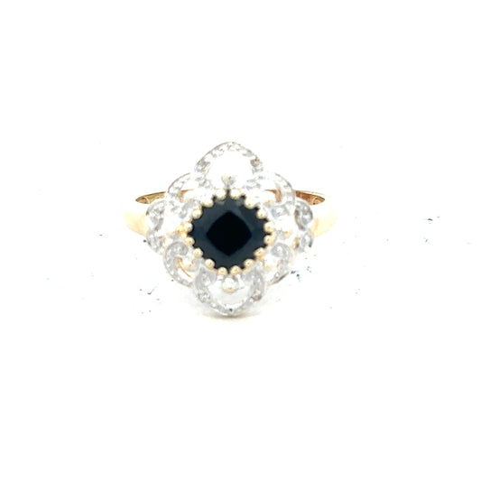 9ct yellow gold sapphire and diamond ring, size P, featuring a central sapphire gemstone and sparkling diamonds.