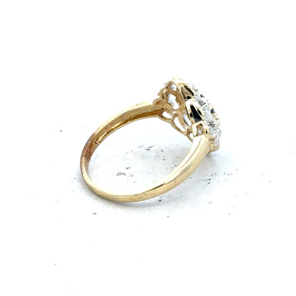 9ct yellow gold sapphire and diamond ring in size P, featuring a central sapphire with diamond accents.