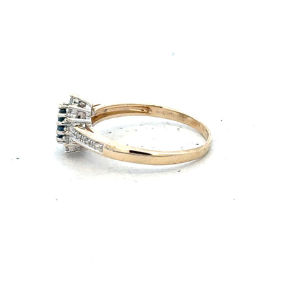 9ct yellow gold sapphire and diamond ring, size P 1/2, featuring a vibrant sapphire centerpiece with sparkling diamonds.