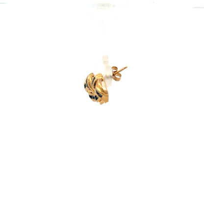 9ct yellow gold sapphire earrings with blue gemstones, lightweight and elegant jewelry, shown from the front.