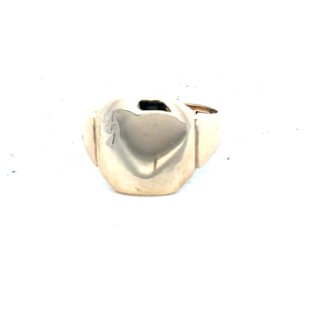 9ct yellow gold signet ring in size J, unbranded, featuring a smooth polished surface with classic design.