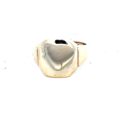 9ct yellow gold signet ring in size J, unbranded, featuring a smooth polished surface with classic design.