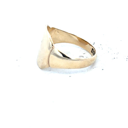 Yellow gold signet ring in size J, unbranded 9ct gold jewelry with a smooth, polished finish.