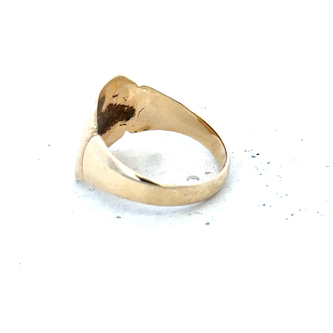 9ct yellow gold signet ring in size J with a smooth polished finish, unbranded jewelry accessory.