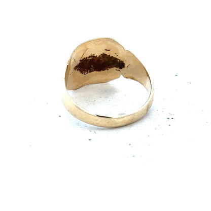 9ct yellow gold signet ring in size J with engraved face, unbranded jewelry, showcasing classic gold signet ring design