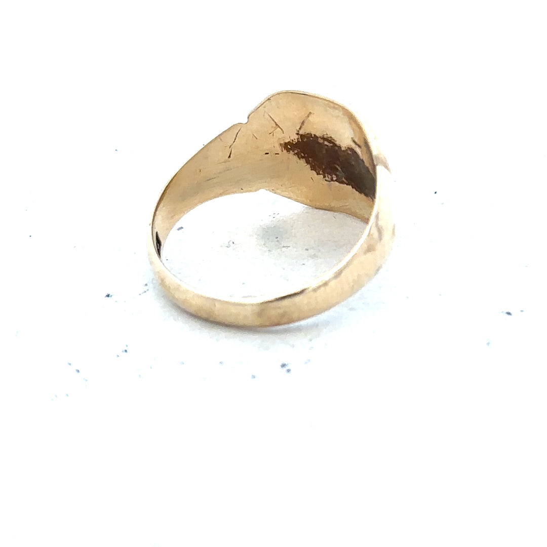 9ct yellow gold signet ring in size J, featuring a smooth polished surface and classic design, unbranded jewelry.